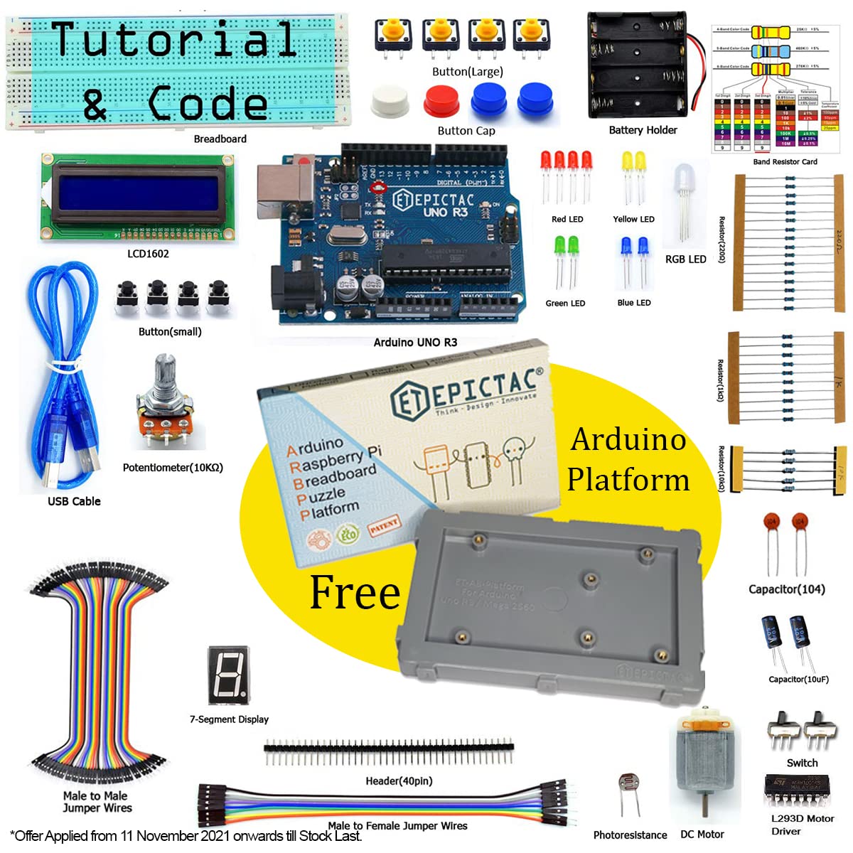Ultimate Starter Kit with Tutorial, Breadboard Holder, Jumper Wires,  Resistors, DC Motor Compatible with Arduino R3 Project Compatible with Mega  2560